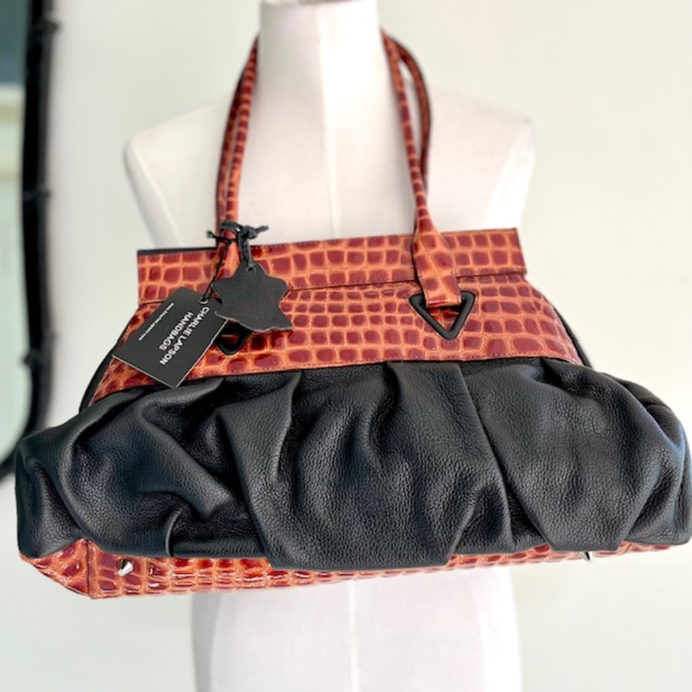 Charlie Lapson Tan & Black Leather Crocodile Pattern Shoulder Bag